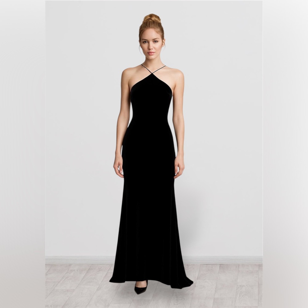 Betsy & Adam Black Velvet Burnout Halter Open Back Whimsy Goth Maxie Gown 8 NWT